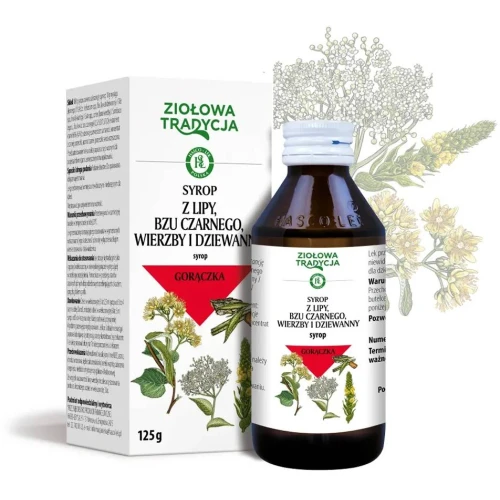 Ziołowa Tradycja, syrop z lipy, bzu czarnego, wierzby i dziewanny 125 g - Łagodny środek napotny w niewysokiej gorączce - 1