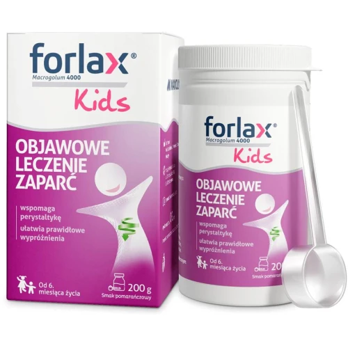 Forlax Kids na zaparcia u dzieci, proszek 200 g - Macrogolum 4000 zmiękcza masy kałowe i ułatwia wypróżnienia - 1