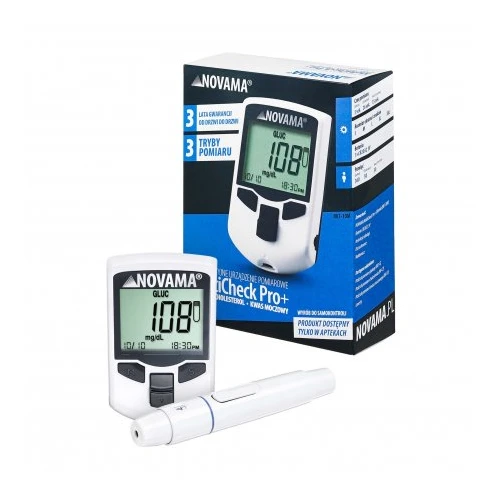 Novama MultiCheck Pro+ wielofunkcyjny analizator krwi z funkcją glukometru, 1 sztuka - Pomiar 3w1 glukoza, cholesterol, kwas moczowy - 2