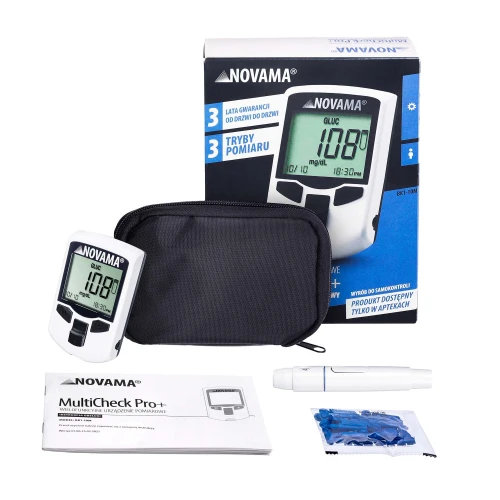 Novama MultiCheck Pro+ wielofunkcyjny analizator krwi z funkcją glukometru, 1 sztuka - Pomiar 3w1 glukoza, cholesterol, kwas moczowy - 3
