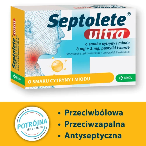 Septolete Ultra o smaku cytryny i miodu 3 mg + 1 mg, 16 pastylek - Na ból, zaczerwienienie, obrzęk i pieczenie jamy ustnej i gardła - 1