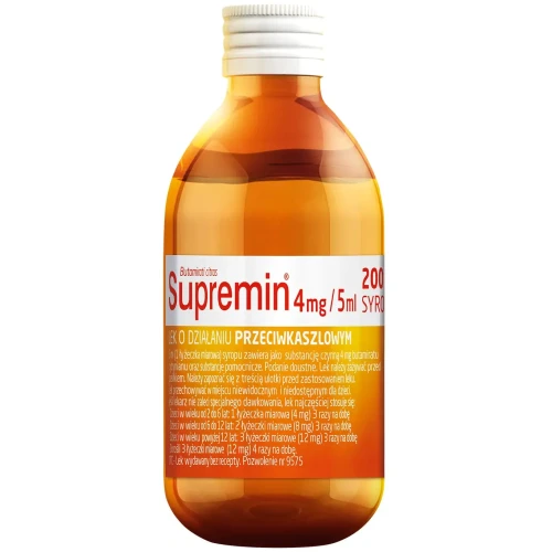 Supremin syrop,  200 ml - Zmniejsza częstość i natężenie kaszlu poprzez hamowanie odruchu kaszlowego - 1