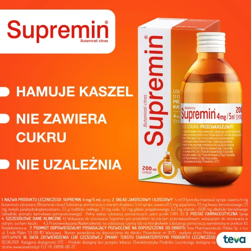 Supremin syrop,  200 ml - Zmniejsza częstość i natężenie kaszlu poprzez hamowanie odruchu kaszlowego - 5