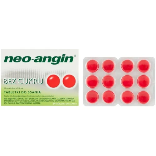 Neo-angin bez cukru, 1,2 mg + 0,6 mg + 5,72 mg, 24 tabletki do ssania - O działaniu antyseptycznym na stan zapalny jamy ustnej i gardła - 1