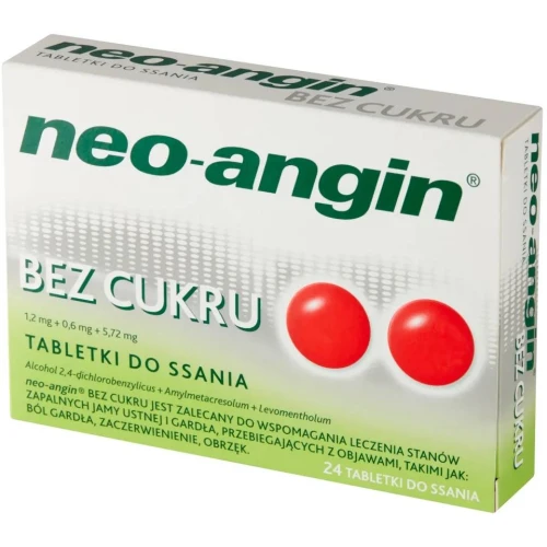 Neo-angin bez cukru, 1,2 mg + 0,6 mg + 5,72 mg, 24 tabletki do ssania - O działaniu antyseptycznym na stan zapalny jamy ustnej i gardła - 2