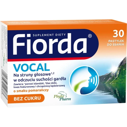 Fiorda Vocal o smaku pomarańczowym bez cukru, 30 pastylek do ssania - Pastylki na struny głosowe w odczuciu suchości gardła - 1