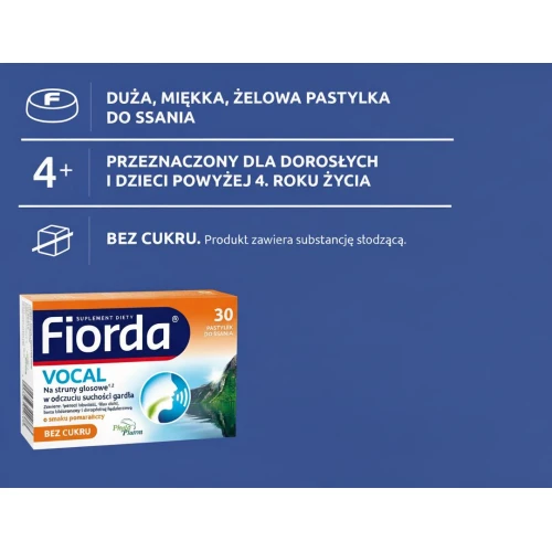 Fiorda Vocal o smaku pomarańczowym bez cukru, 30 pastylek do ssania - Pastylki na struny głosowe w odczuciu suchości gardła - 4