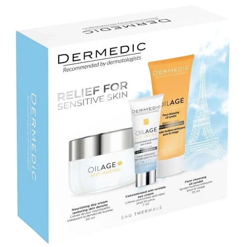 Dermedic Oilage Anti-Ageing Zestaw - Krem do twarzy, 50 ml + Krem pod oczy, 7 ml + Olejowy syndet do mycia twarzy, 25 ml - Odżywczy zestaw przeciwzmarszczkowy dla skóry dojrzałej - 1
