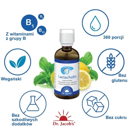 Dr. Jacob's Lactacholin, bez cukru, krople 100 ml - Wsparcie wątroby'– kwas mlekowy z kompleksem choliny i witamin B - 3