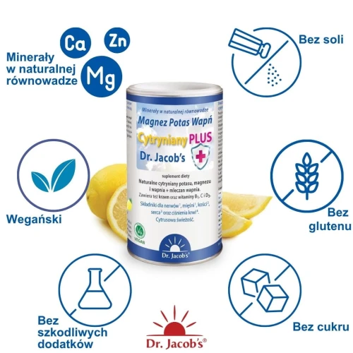 Dr. Jacob’s Magnez Potas Wapń Cytryniany Plus, smak cytrynowy, proszek 300 g - Dostarcza kluczowe minerały w wysoce przyswajalnej formie  - 1