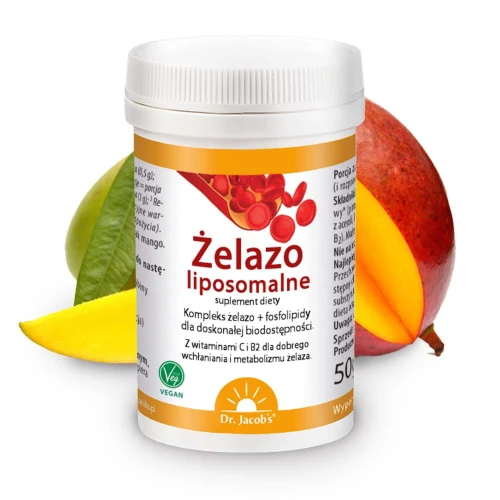 Dr. Jacob's Żelazo Liposomalne, smak mango, proszek 50 g - Proszek podjęzykowy dla osób dorosłych i dzieci od 1.roku życia - 1