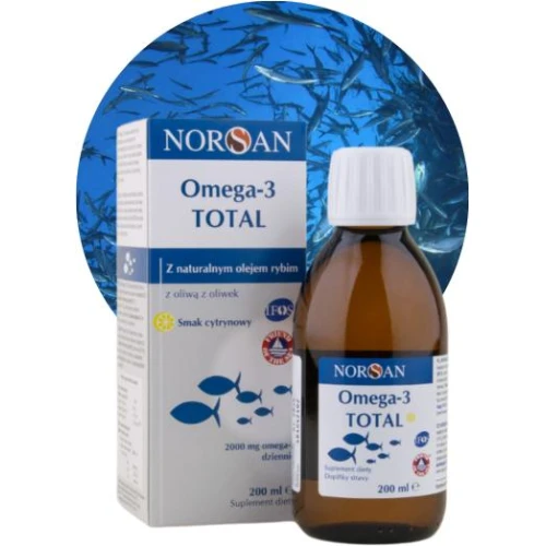 Norsan Omega-3 Total, smak cytrynowy, płynny olej 200 ml - Z makreli, sardynek i serdeli bogaty w EPA i DHA, wzbogacony oliwą z oliwek - 1