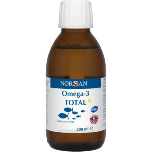 Norsan Omega-3 Total, smak cytrynowy, płynny olej 200 ml - Z makreli, sardynek i serdeli bogaty w EPA i DHA, wzbogacony oliwą z oliwek - 3