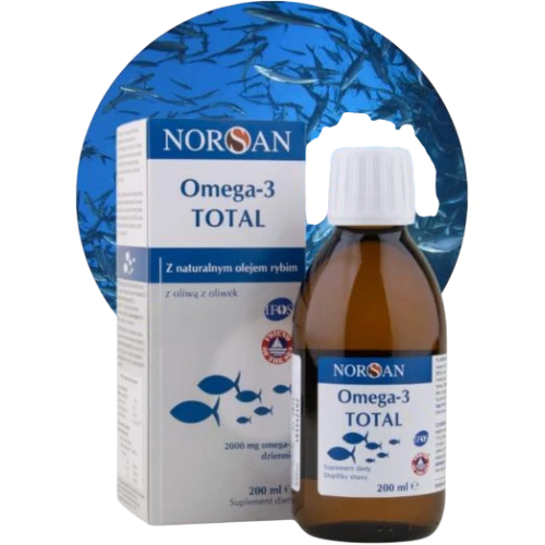 Norsan Omega-3 Total, smak naturalny, płynny olej 200 ml - Olej z makreli, sardynek i serdeli bogaty w EPA i DHA z oliwą z oliwek - 1