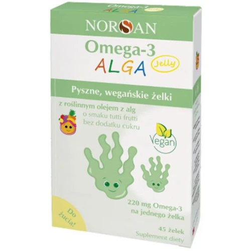 Norsan Omega-3 Alga Jelly, bez cukru, smak tutti–frutti, 45 żelków - Z roślinnym olejem z alg, źródłem Omega – 3 - 1