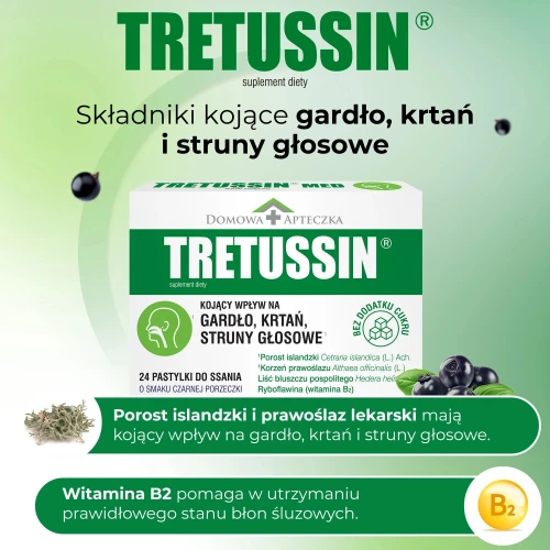 Tretussin o smaku czarnej porzeczki, bez cukru, 24 pastylki do ssania - Z ekstraktem z prawoślazu lekarskiego i porostu islandzkiego - 2
