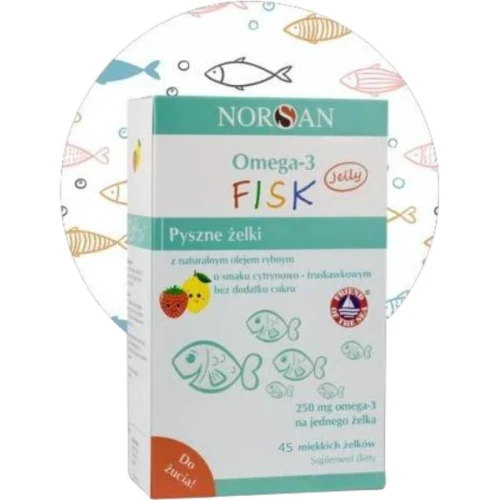 Norsan Omega-3 Fisk Jelly, bez cukru, smak cytrynowo – truskawkowy, 45 żelków - Naturalny olej rybny z witaminą D3 dla dzieci od 3. roku życia - 2