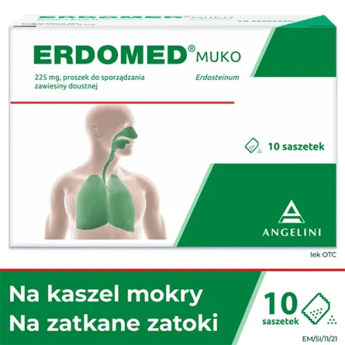 Erdomed Muko proszek do sporządzania zawiesiny doustnej, 10 saszetek - Zmniejszają lepkość śluzu i ułatwiają wykrztuszanie - 1