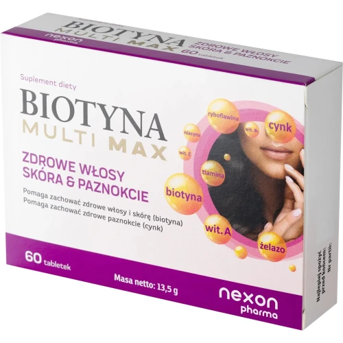 Biotyna Multi Max, 60 tabletek - Wsparcie zdrowia włosów, skóry i paznokci - 1