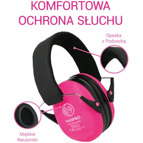 Haspro Kids Earmuffs, różowe nauszniki ochronne dla dzieci, 1 sztuka - Z regulacją i skutecznym tłumieniem hałasu SNR 27 dB - 8