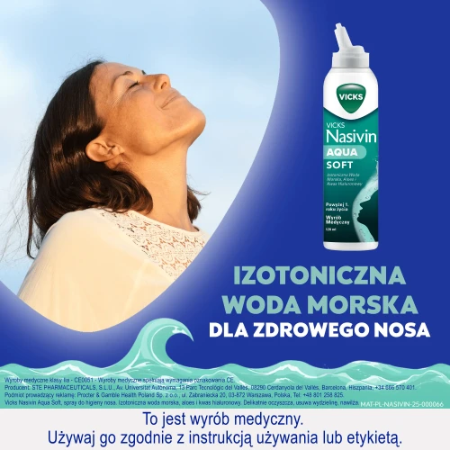 Vicks Nasivin Aqua Soft, spray do nosa 120 ml - Z aloesem i kwasem hialuronowym  dla dorosłych i dzieci - 1