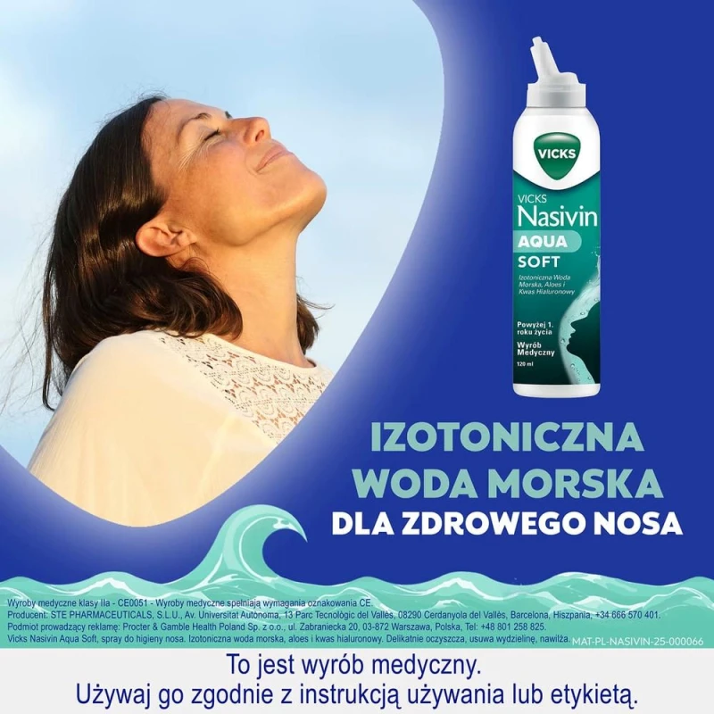 Vicks Nasivin Aqua Soft, spray do nosa 120 ml - Izotoniczna woda morska aloesem i kwasem hialuronowym  - 1