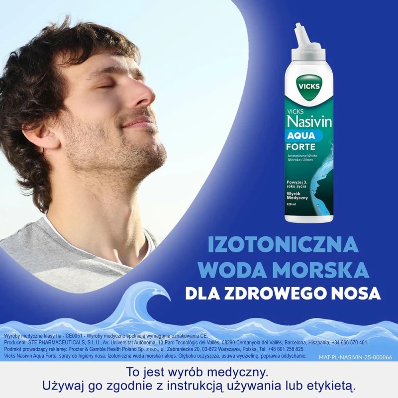 Vicks Nasivin Aqua Forte, spray do nosa 120 ml - Woda morska z aloesem bez konserwantów - 1