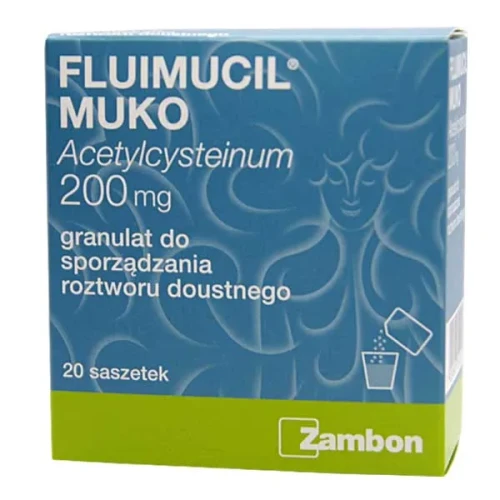 Fluimucil Muko 200 mg, 20 saszetek - Lek wykrztuśny na kaszel mokry u dorosłych i dzieci od 7. roku życia. - 1