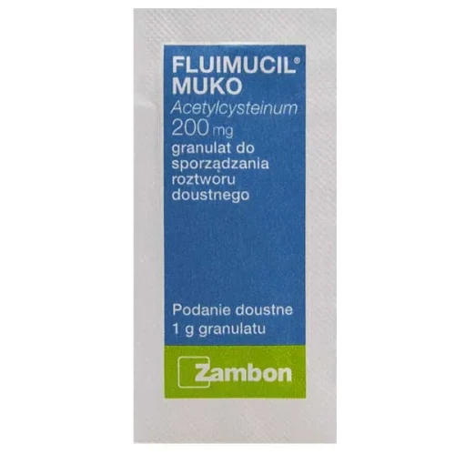 Fluimucil Muko 200 mg, 20 saszetek - Lek wykrztuśny na kaszel mokry u dorosłych i dzieci od 7. roku życia. - 2