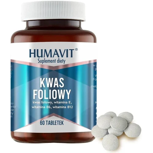 Humavit Kwas Foliowy + B6, B12, E, 60 tabletek - Dostarcza witaminy ważne do prawidłowego funkcjonowania układu nerwowego - 1