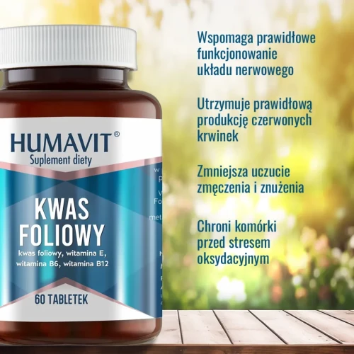 Humavit Kwas Foliowy + B6, B12, E, 60 tabletek - Dostarcza witaminy ważne do prawidłowego funkcjonowania układu nerwowego - 2