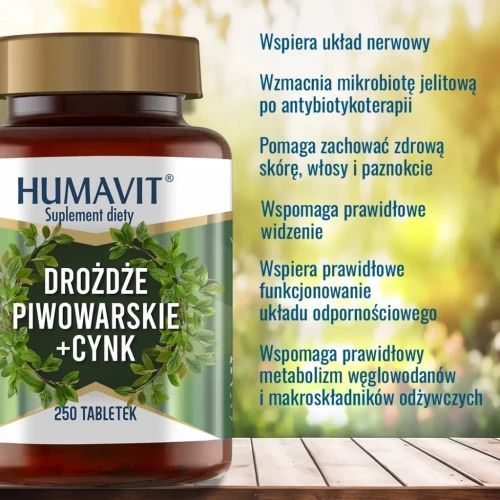 Humavit Drożdże Piwowarskie + Cynk, 250 tabletek - Bogate źródło witamin z grupy B i białka - 2