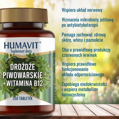 Humavit Drożdże Piwowarskie + Witamina B12, 250 tabletek - Bogactwo składników odżywczych pomaga zachować spokój i koncentrację - 2