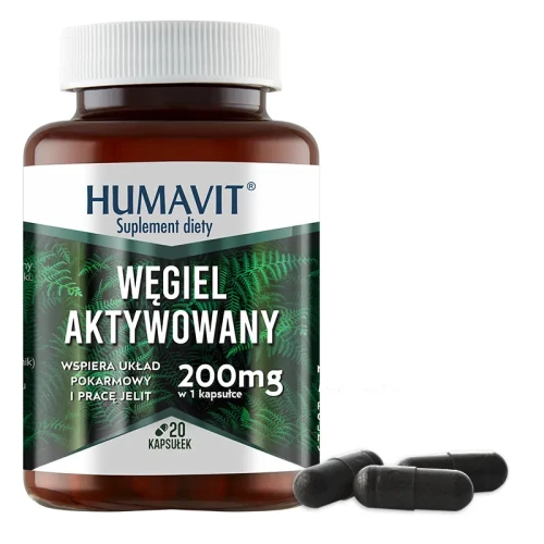 Humavit Węgiel Aktywowany, 20 kapsułek - Wsparcie w problemach przewodu pokarmowego, biegunkch i wzdęciach - 1