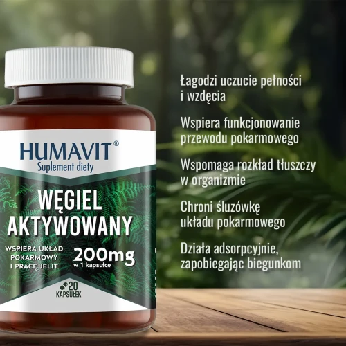 Humavit Węgiel Aktywowany, 20 kapsułek - Wsparcie w problemach przewodu pokarmowego, biegunkch i wzdęciach - 2