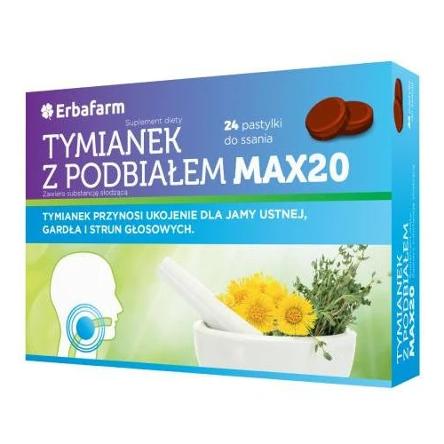 Tymianek z Podbiałem Max20, bez cukru, 24 pastylki do ssania - Ekastrakty z 20 ziół wspomagają funkcjonowanie gardła, krtani  - 1
