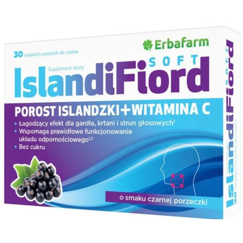 IslandiFiord Soft, czarna porzeczka, bez cukru, 30 pastylek do ssania - Z ekstraktem z porostu islandzkiego i witaminą C - 1