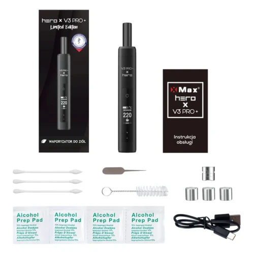 Hero X-Max V3 Pro+ Black, Waporyzator do suszu, 1 sztuka - Z ulepszonym szklanym ustnikiem z magnesem - 3