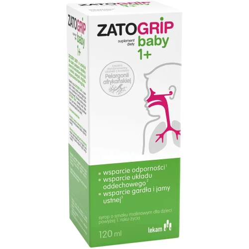 ZatoGrip Baby 1+, smak malinowy, syrop 120 ml - Ekstrakt z korzenia pelargonii i owoców czarnego bzu  - 1