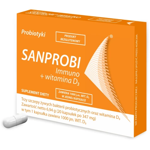 Sanprobi Immuno + Witamina D3, 20 kapsułek - Probiotyk z witaminą D dla odporności - 1