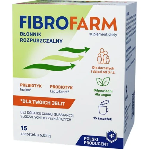 Fibrofarm Błonnik rozpuszczalny, 15 saszetek - Nietworzący żelu błonnik roślinny z probiotykiem LactoSpore - 1