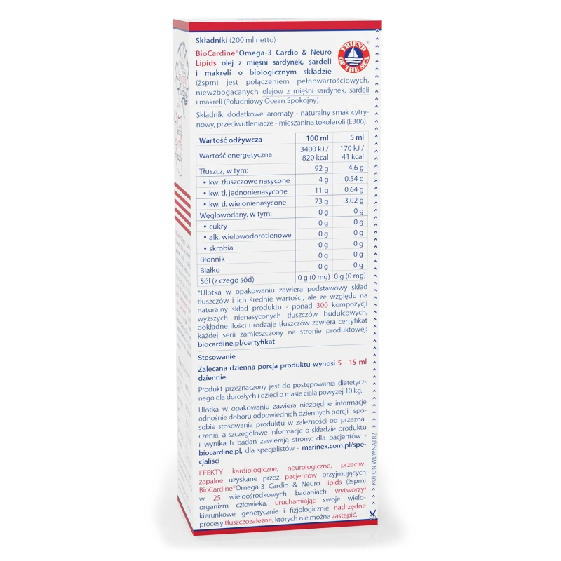 BioCardine Omega-3 Cardio & Neuro Lipids, olej 200 ml - Z mięśni sardynek, sardeli i makreli  - 1