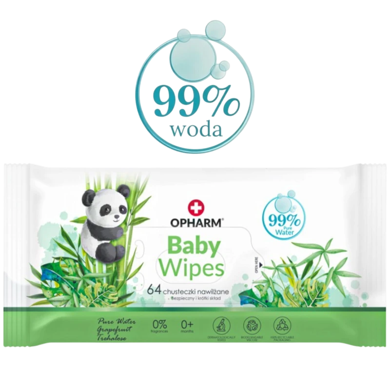 Opharm Baby Wipes chusteczki nawilżane 64 sztuki - W 99% z wody do pielęgnacji skóry od 1. dnia życia - 3