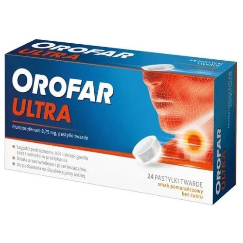Orofar Ultra 8,75 mg, smak pomarańczowy, bez cukru, 24 pastylki twarde - Łagodzi objawy stanu zapalnego gardła - 1