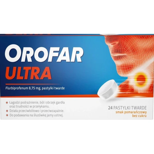 Orofar Ultra 8,75 mg, smak pomarańczowy, bez cukru, 24 pastylki twarde - Łagodzi objawy stanu zapalnego gardła - 2