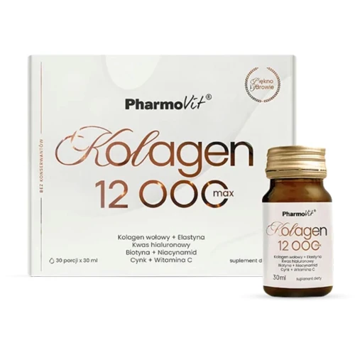 Pharmovit Kolagen 12000 Max, owoce tropikalne, płyn 30 fiolek x 30 ml - Wsparcie skóry, włosów, kości, paznokci i stawów - 1