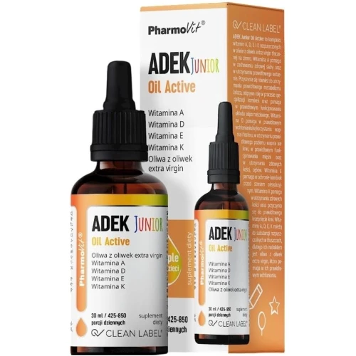 PharmoVit ADEK Junior Oil Active, 30 ml - Witaminy A, D, E i K2 MK-7 w oliwie z oliwek - 1