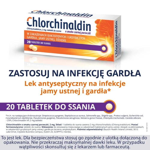 Chlorchinaldin 2 mg, czarna porzeczka, 20 tabletek do ssania - Na zakażenia  jamy ustnej i ból gardła - 1