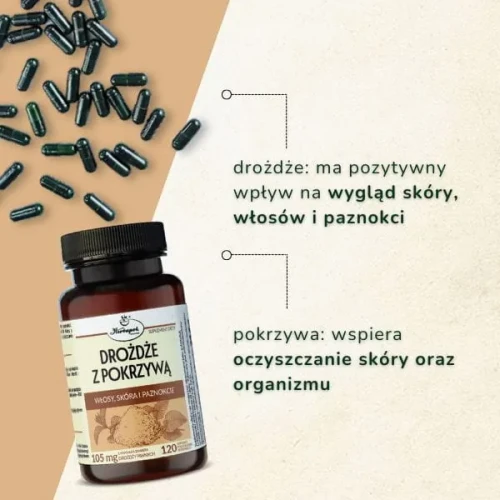 Drożdże z pokrzywą, 120 kapsułek - Dla osób pragnących zadbać o zdrowy wygląd włosów, skóry i paznokci - 1