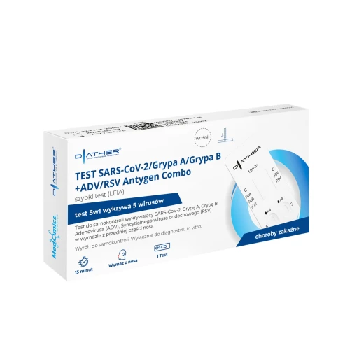 SARS-CoV-2/Grypa A/Grypa B + ADV/RSV Antygen Combo Szybki test LFIA, 1 sztuka - Domowy test diagnostyczny na grypę, COVID i RSV - 1
